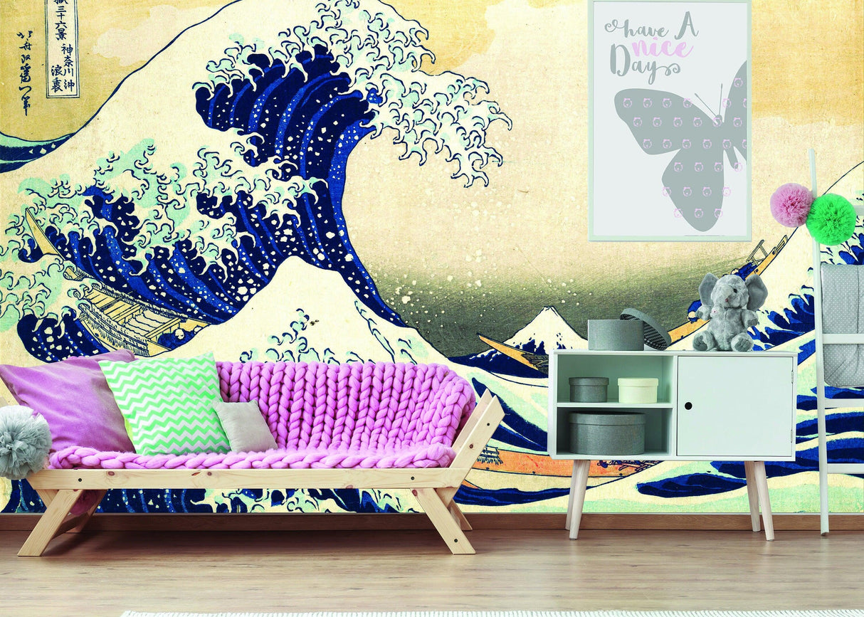 Kanagawa Wave Wallpaper Decal showcasing ocean art in a stylish living room with modern decor and furnishings.