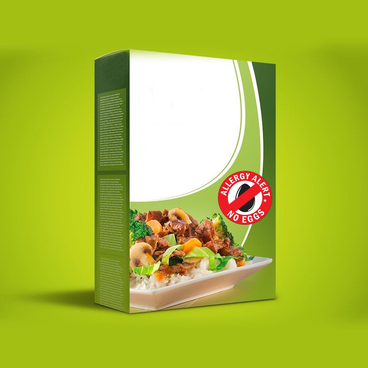 No Eggs Allergy Alert sticker on a food box, promoting safety for egg allergy awareness.