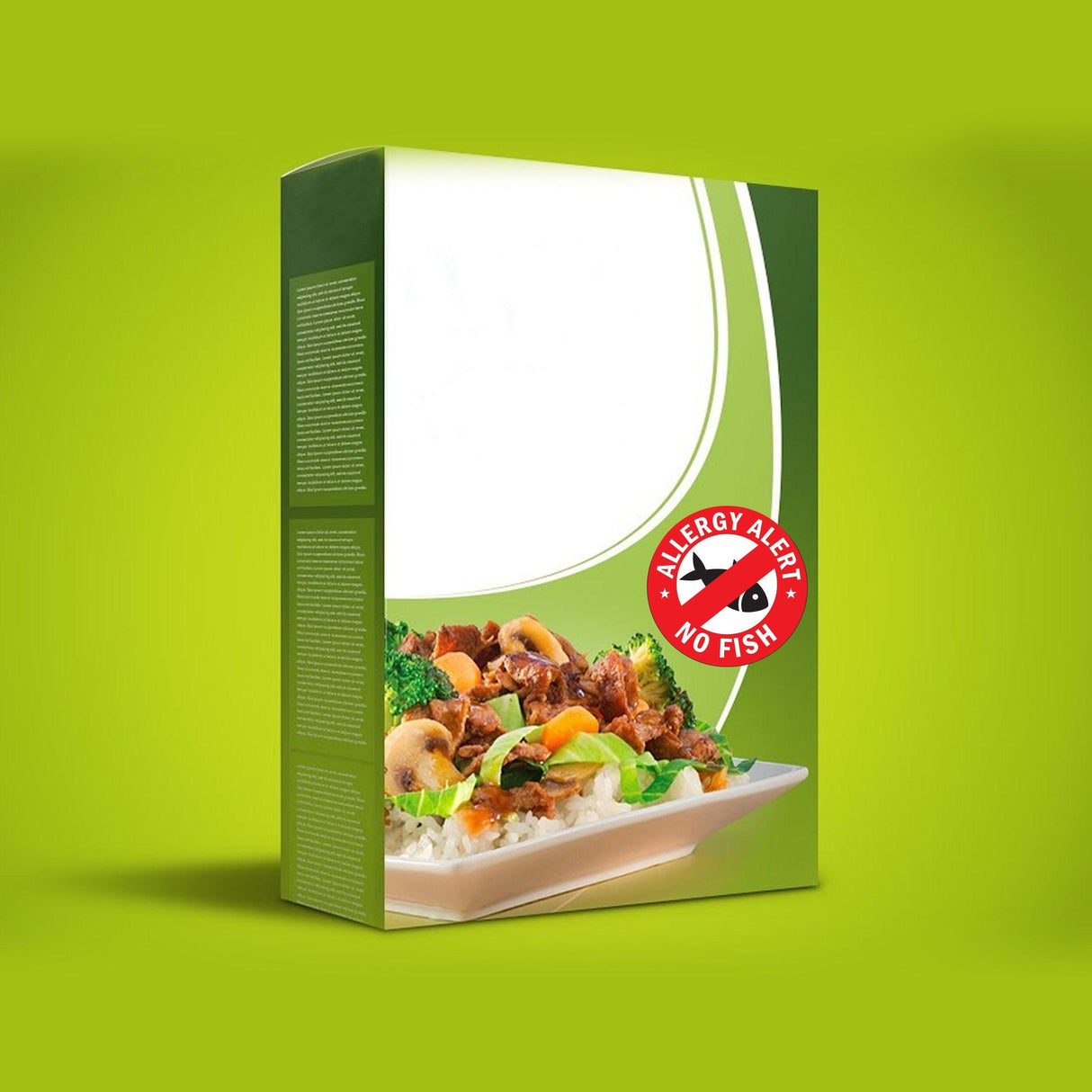 No Fish Allergy Alert Sticker on food packaging for allergy awareness and safety measures.