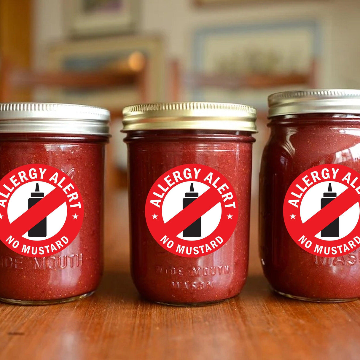 Three jars with 'Allergy Alert No Mustard' stickers, highlighting mustard allergy awareness and safety.
