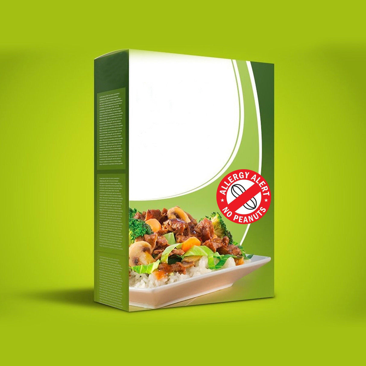 Packaging for allergy alert food box with a 'No Peanuts' sticker against a vibrant green background.