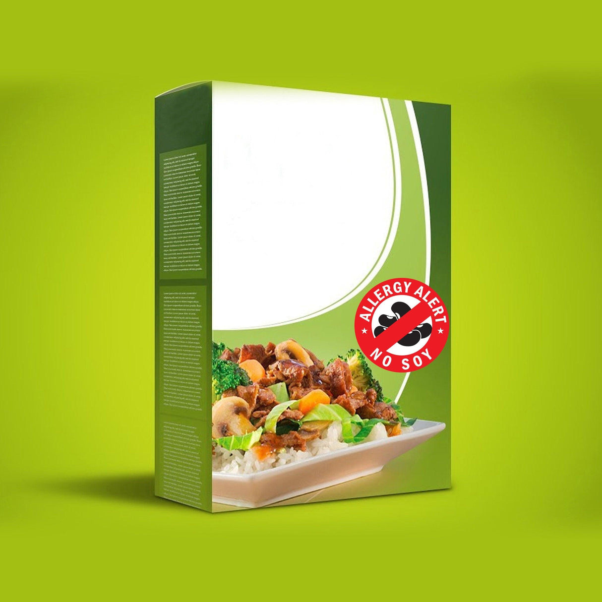 Allergy Alert No Soy stickers on packaging, emphasizing soy allergy safety for meals.