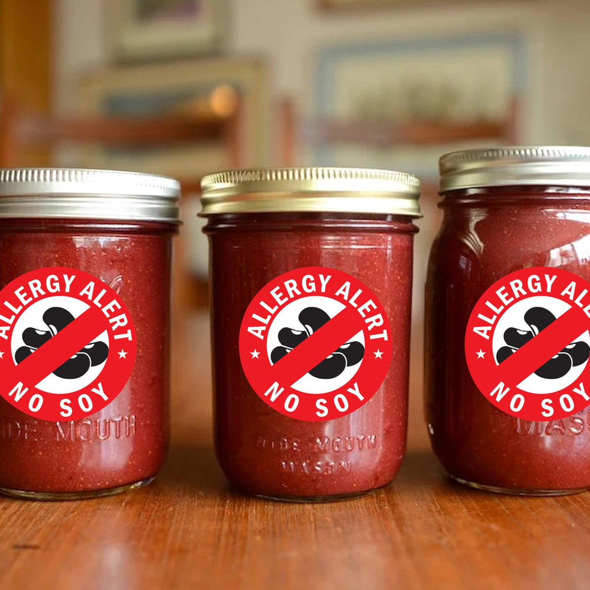 Three jars with No Soy Allergy Alert Stickers for food safety and allergy awareness.