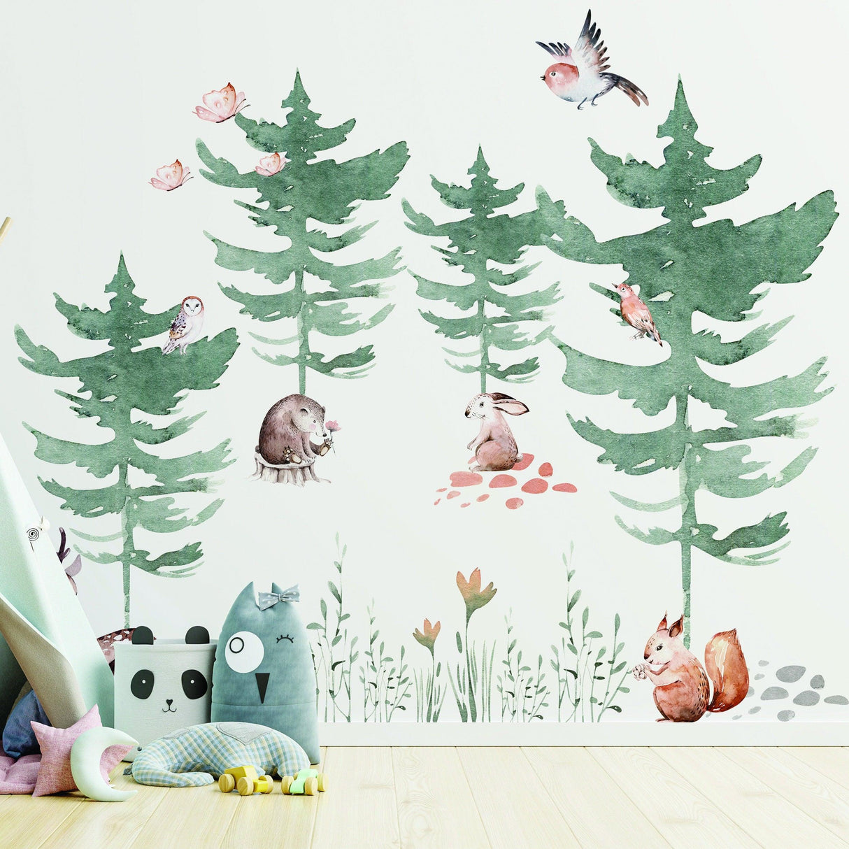 Whimsical forest animals and trees wall decal for kids room, featuring watercolor trees and playful woodland creatures.