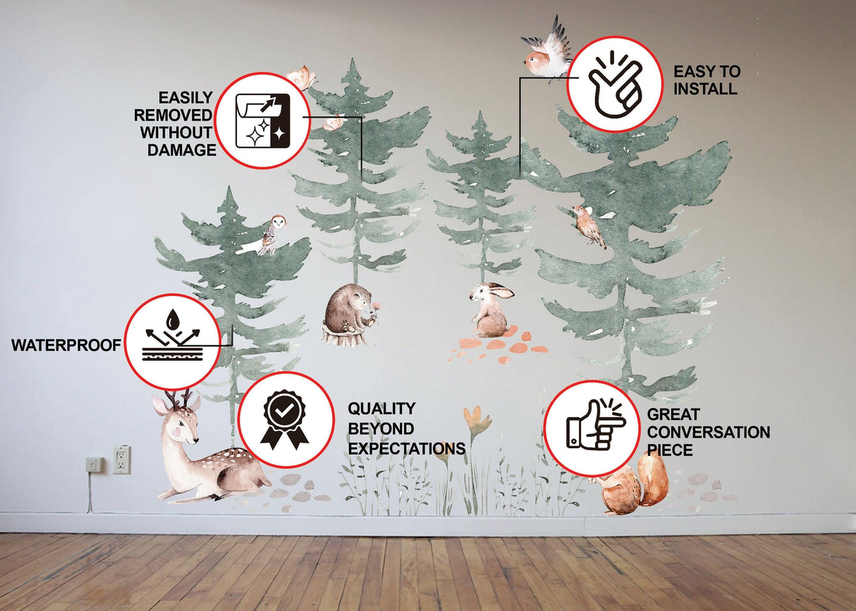 Forest animals and trees wall decal showcasing waterproof, easy to install stickers perfect for kids' rooms.