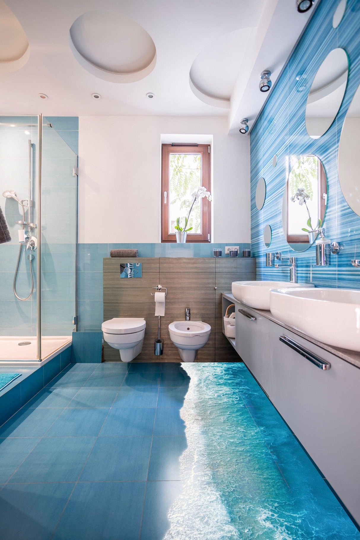 3D ocean beach floor bathroom sticker creating a serene tropical oasis with stunning blue design.