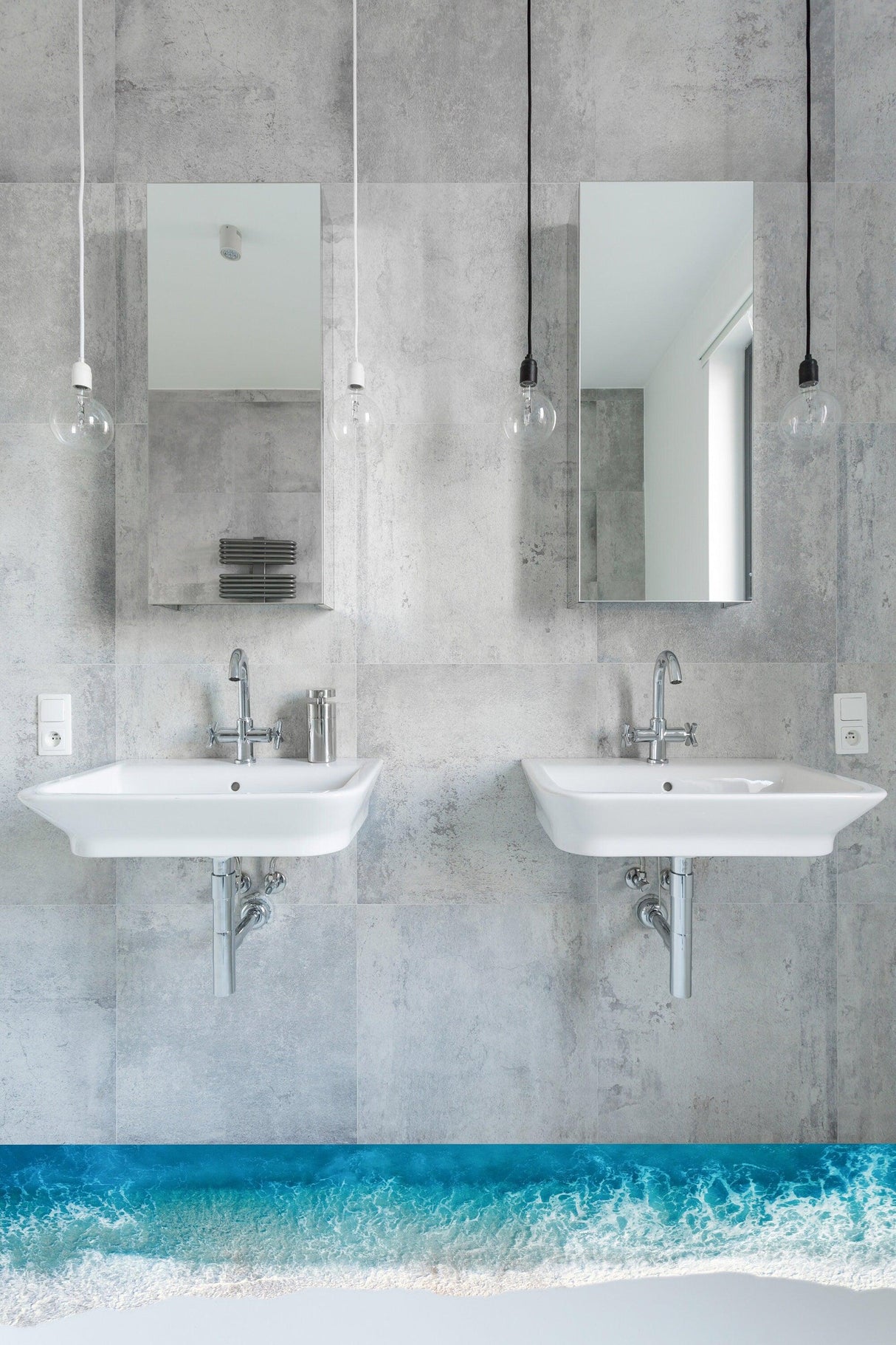 Modern bathroom featuring dual sinks with a 3D ocean beach floor sticker, creating a tranquil coastal vibe.