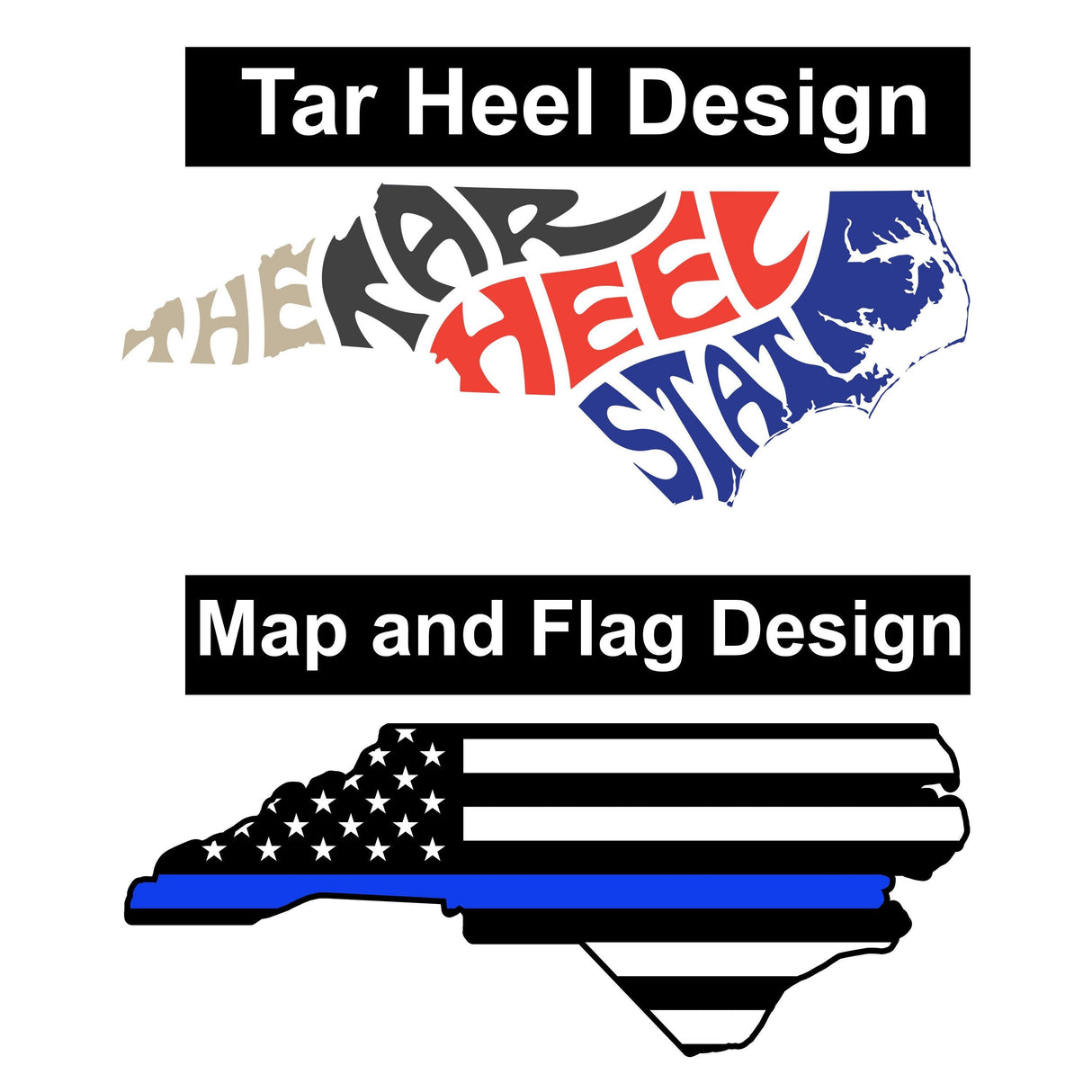 North Carolina vinyl decal featuring Tar Heel design and state map with flag elements.