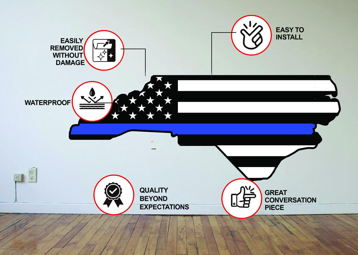 North Carolina wall decal featuring flag design with installation details and benefits, ideal for home decor.