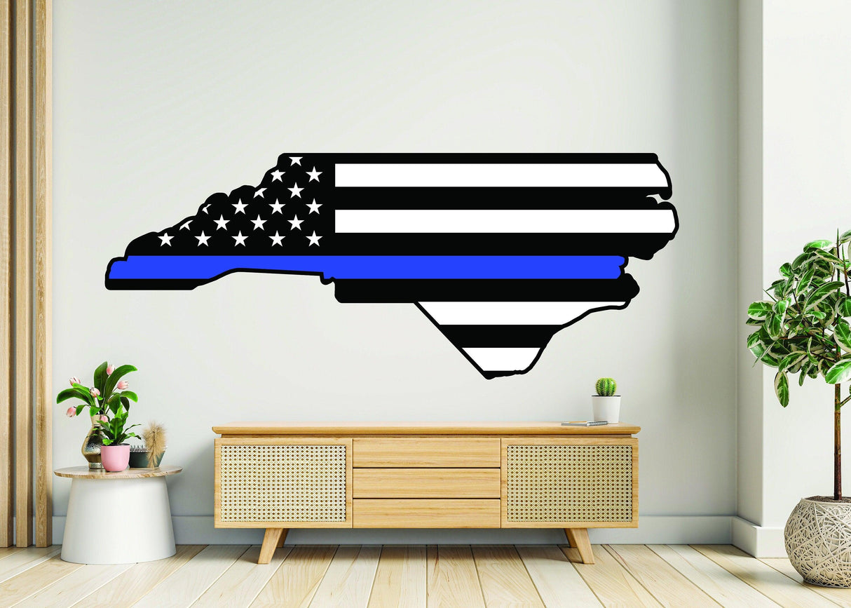 North Carolina wall decal featuring a black and white flag design with a blue stripe, perfect for Southern charm decor.