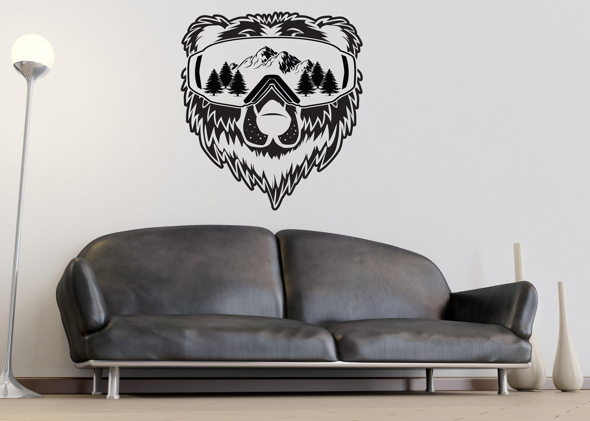 Vinyl wall decal of a bear wearing sunglasses with mountains and trees, perfect for Western decor.