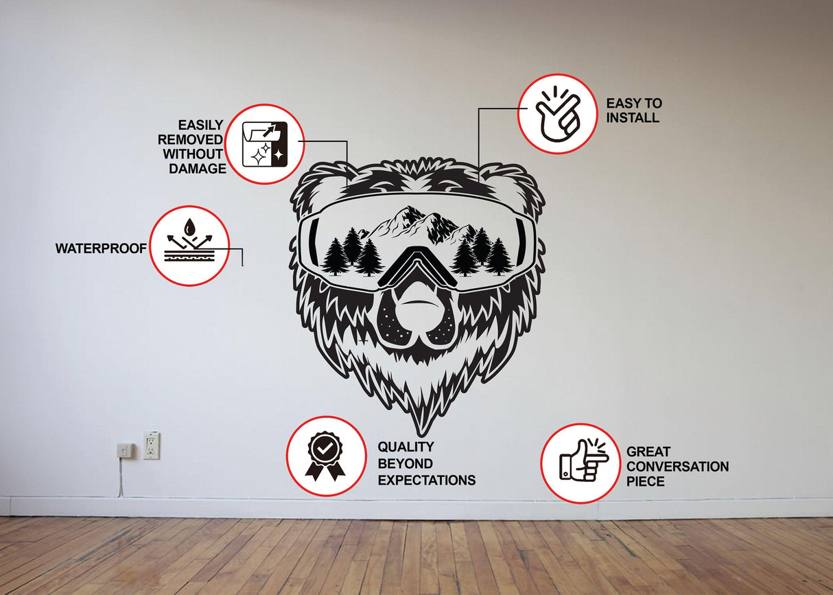 Vinyl wall decal featuring a bear and mountain design with installation features highlighted on the wall.