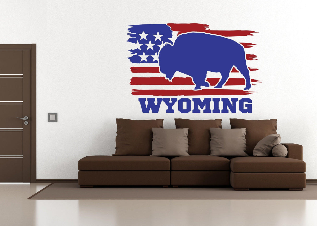 Wyoming State wall decal featuring a bison silhouette and American flag design, adding rustic charm to interior decor.