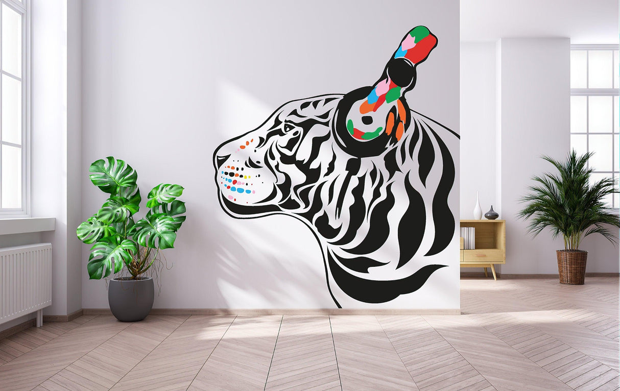 Tiger wall art sticker featuring a colorful DJ tiger with headphones in a stylish room.