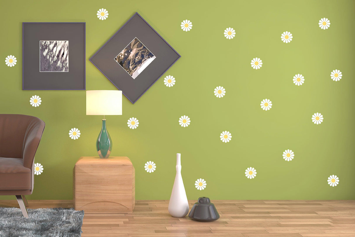 Living room featuring 24 white daisy wall stickers on green wall, adding a touch of nature and elegance.