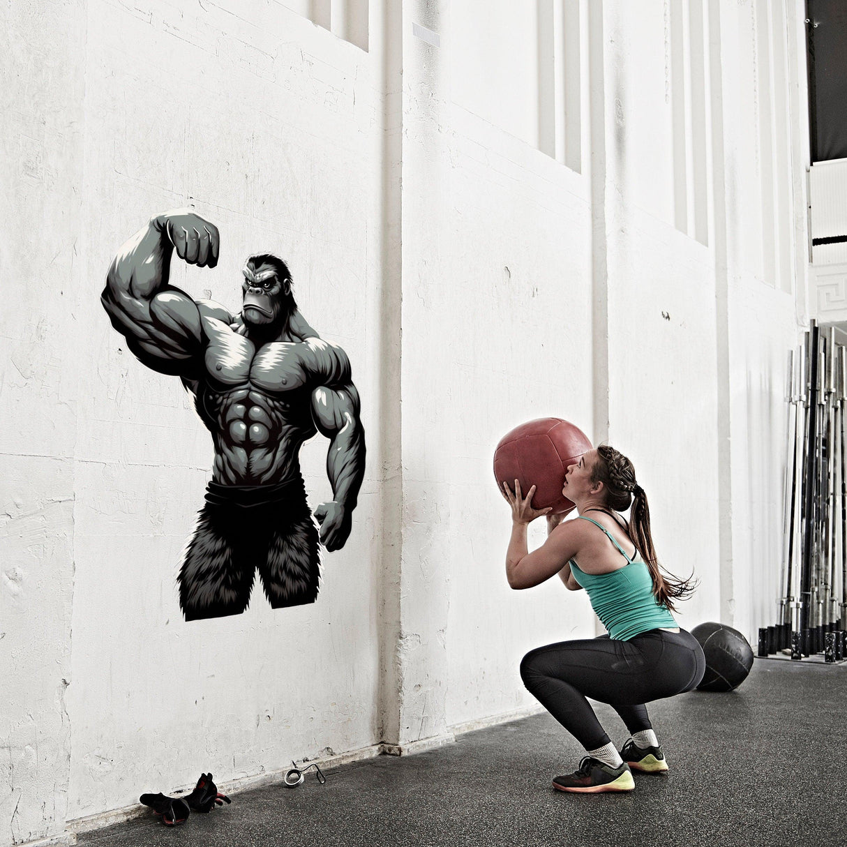 Woman performing a squat with a power fitness muscled gorilla wall decal in a gym setting.
