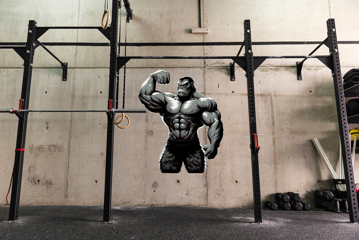 Muscled gorilla wall decal inspiring gym motivation in a workout space, high-quality vinyl fitness sticker.