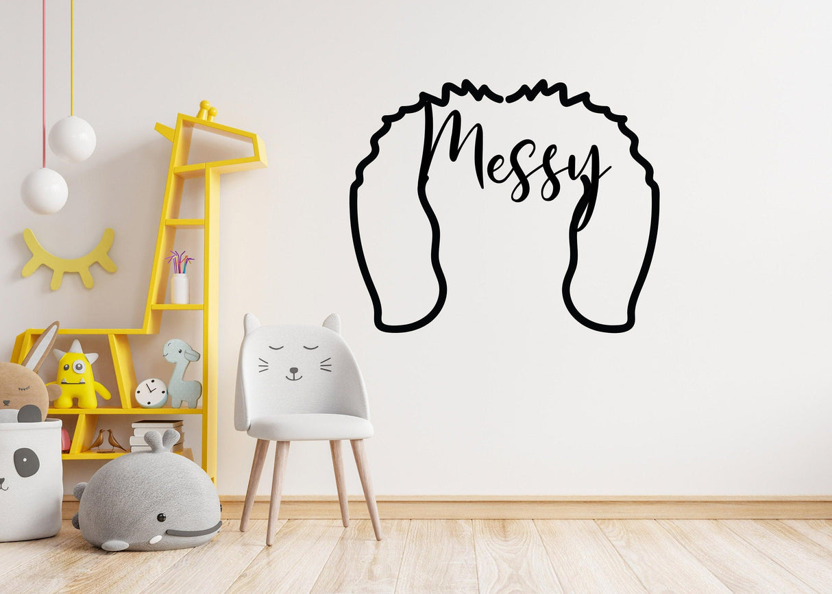 Vinyl wall decal featuring playful pet ear design with the word 'Messy' for kids' room decor.