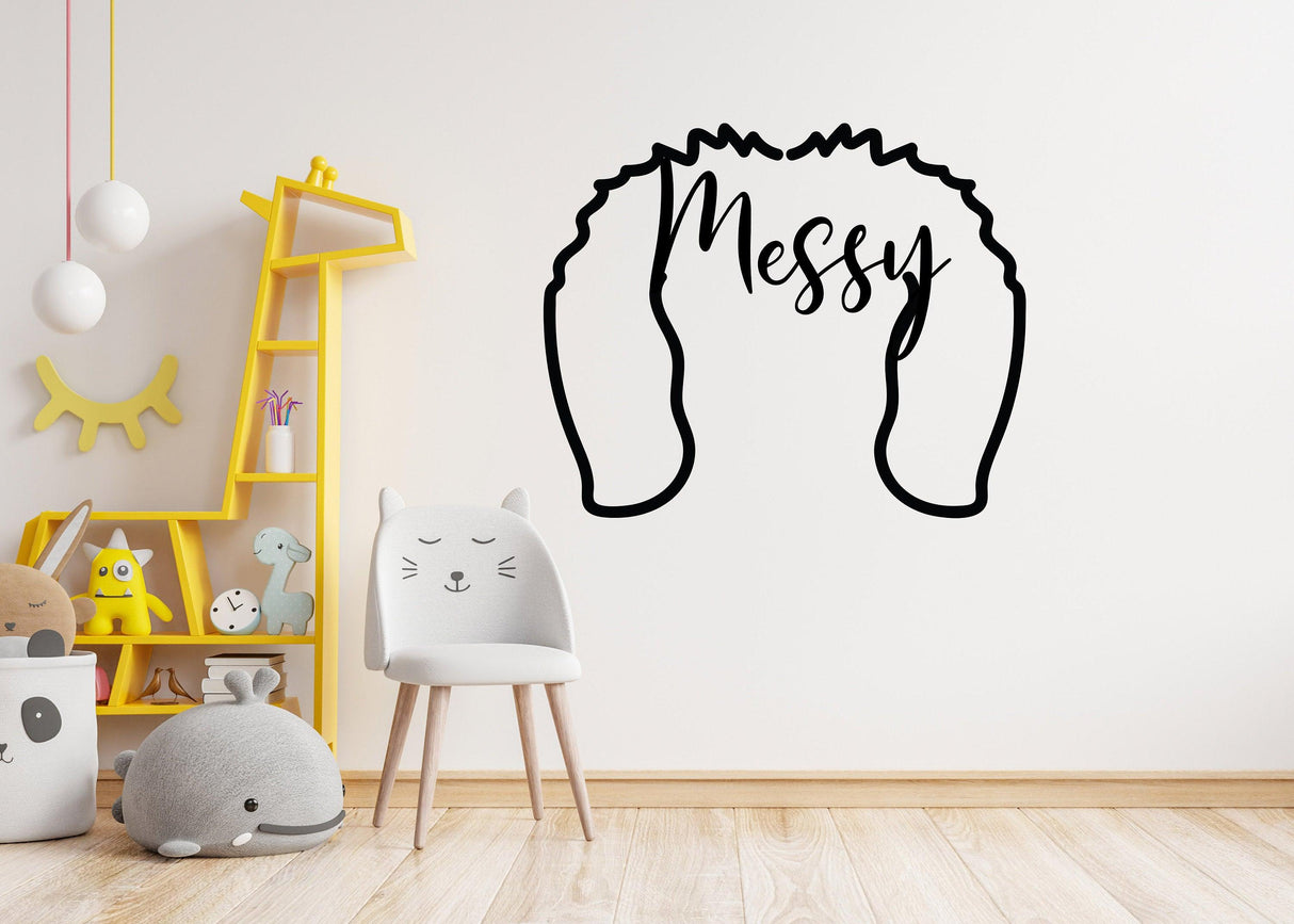 Custom pet wall art decal featuring playful dog ears and the word 'Messy', ideal for pet lovers' decor.