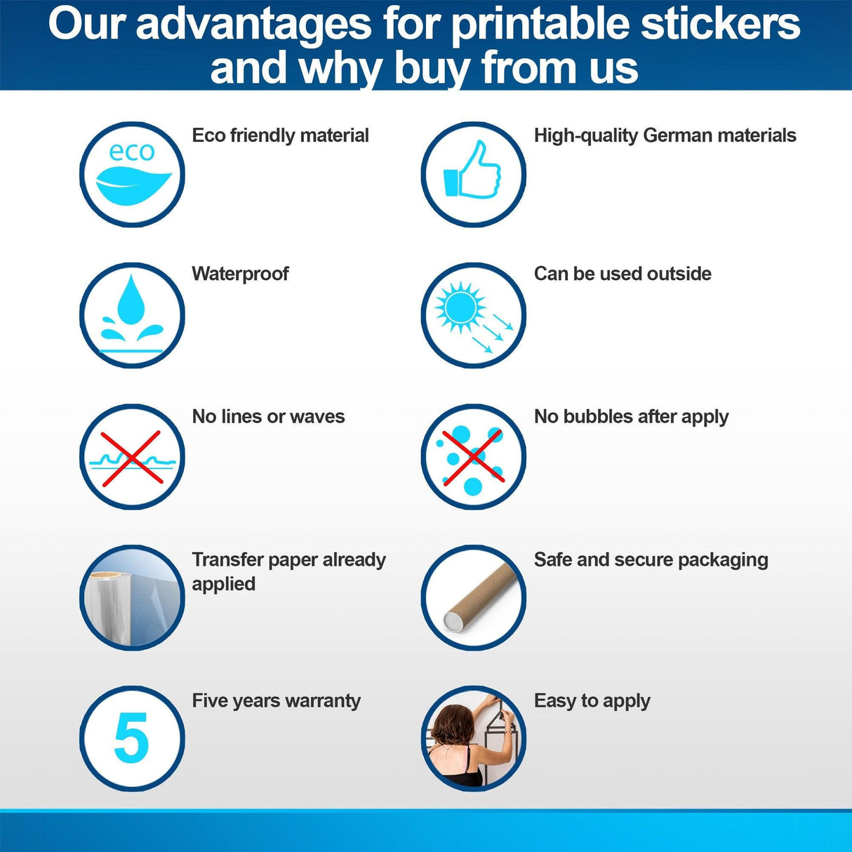 Advantages of printable stickers: eco-friendly, waterproof, easy to apply, five-year warranty, and secure packaging.