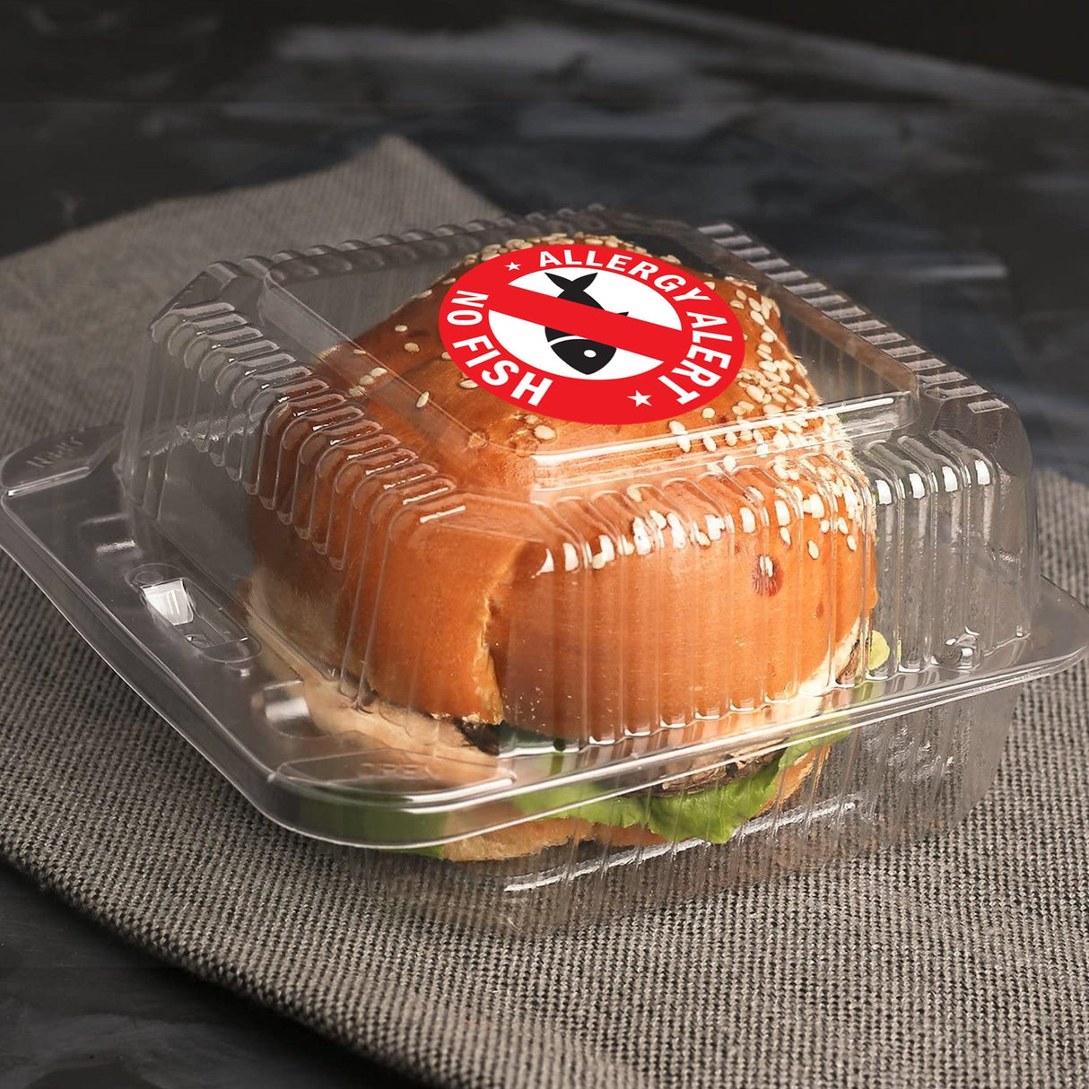 No Fish Allergy Alert Sticker on a sandwich container to raise awareness of fish allergies.