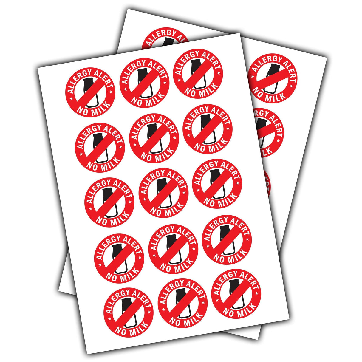 24 No Milk Allergy Alert Stickers on sheets promoting food allergy awareness and safety.