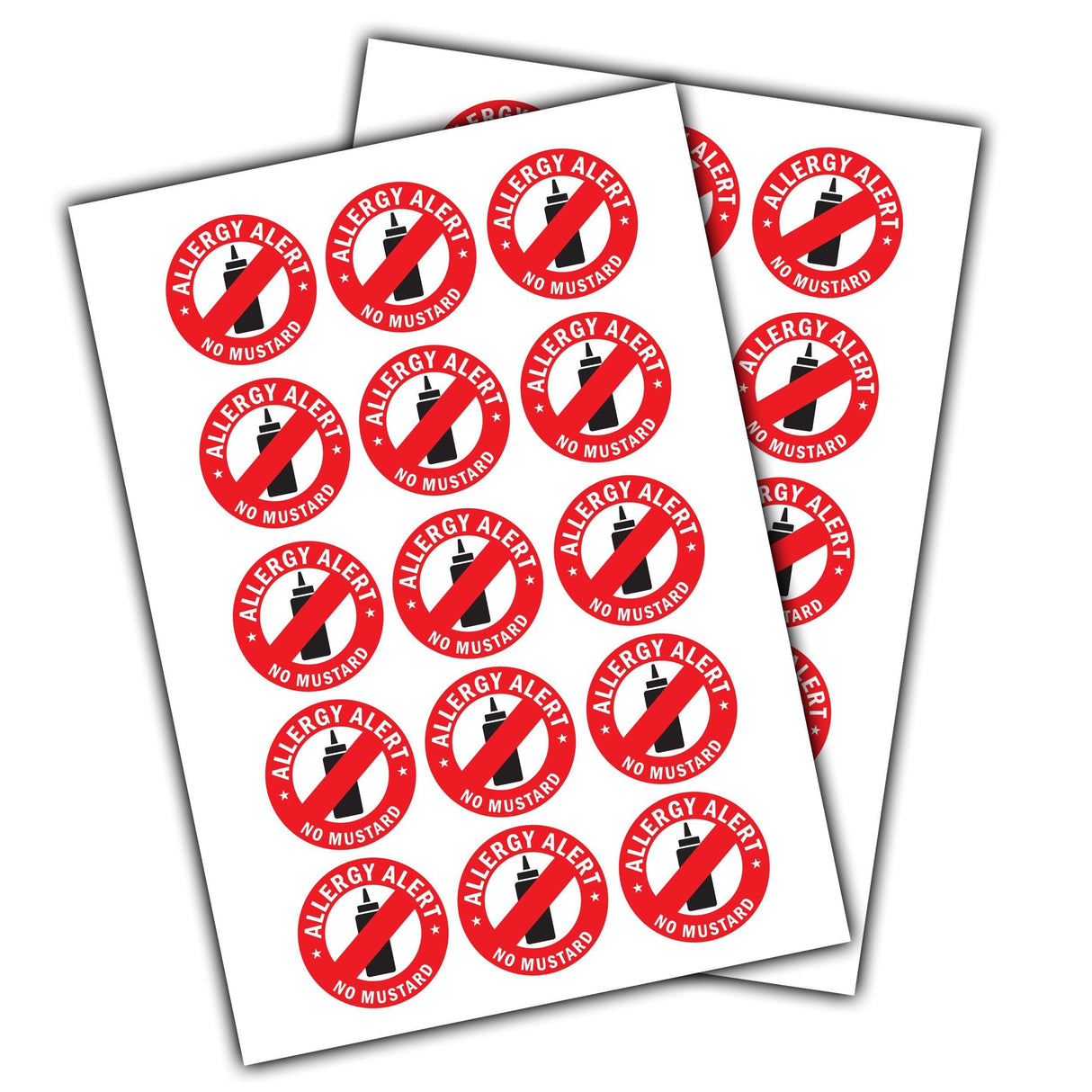 Round Mustard Allergy Alert Stickers on sheets, designed for safety notifications in lunches or daycare.