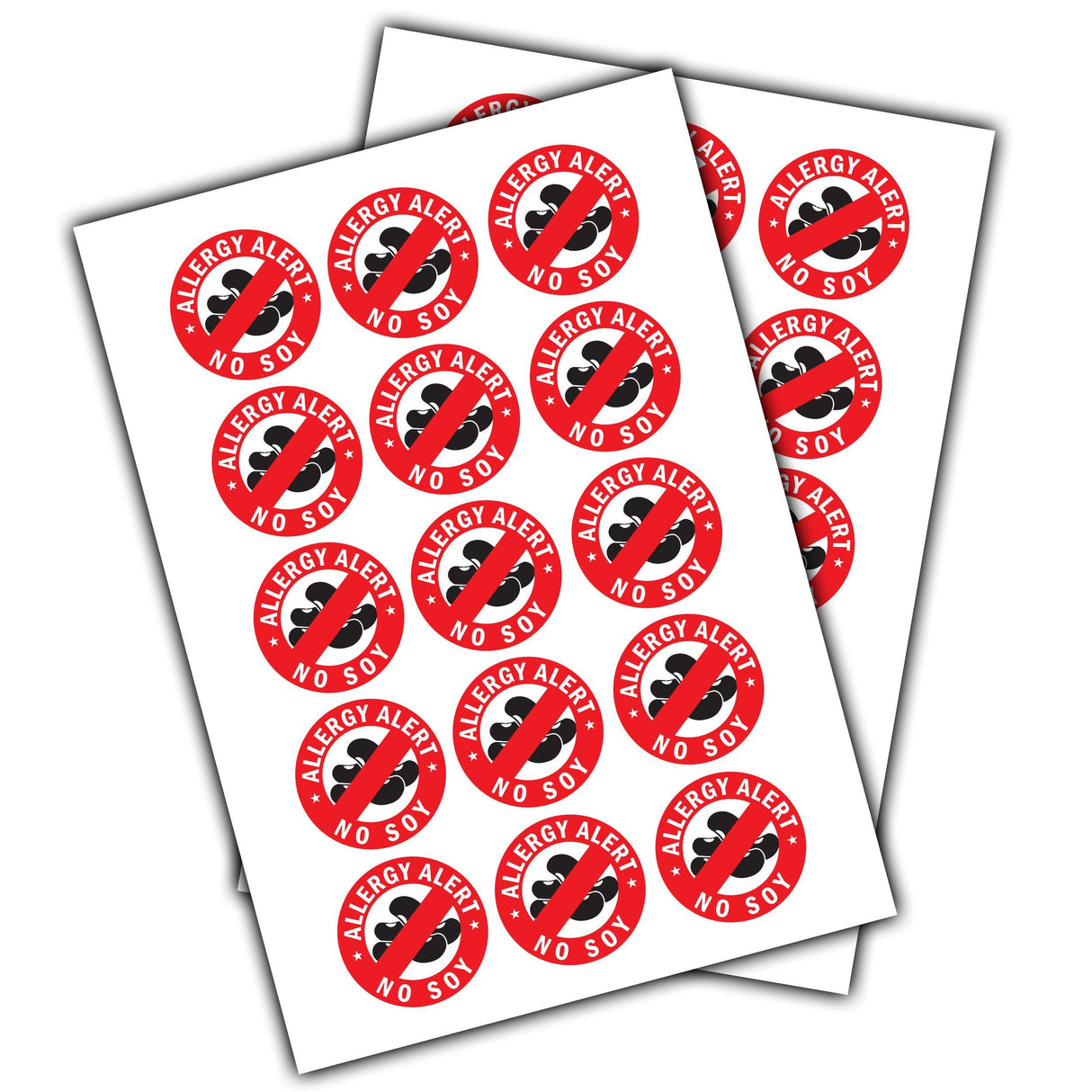 24 No Soy Allergy Alert Stickers on sheets, designed for food allergy awareness and safety.