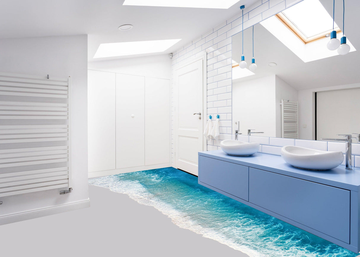 Modern bathroom with 3D ocean beach vinyl floor sticker, creating a serene tropical atmosphere.