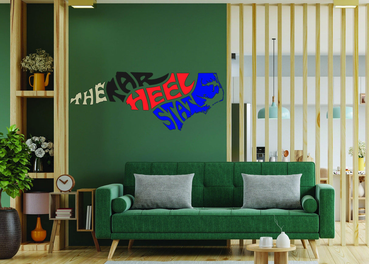 North Carolina removable vinyl wall sticker featuring vibrant colors and artistic design in a modern living room setting.
