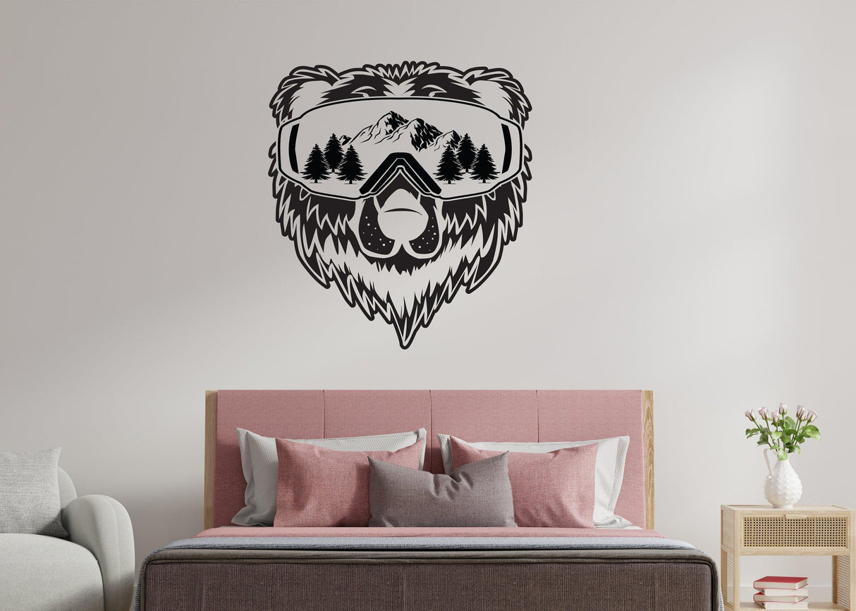 Wyoming State Wall Sticker featuring bear face with mountains and trees, perfect for nature-themed decor.