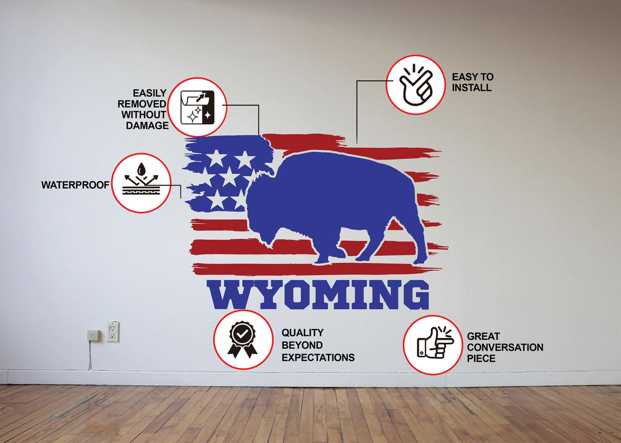 Wyoming Bull Wall Sticker with American flag design, highlighting easy installation, waterproof features, and unique rustic charm.