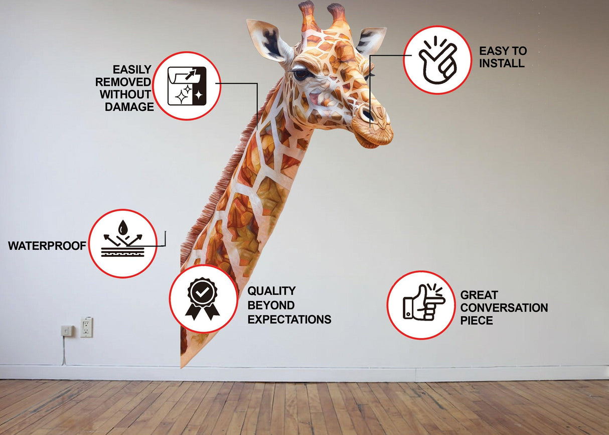 Giraffe wall decal showcasing installation features and vibrant design in a playful interior setting.