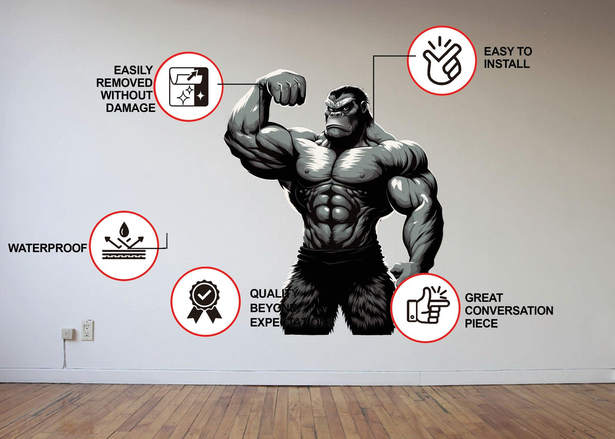 Muscled gorilla wall decal with benefits listed: easy to install, waterproof, removable without damage, quality sticker.