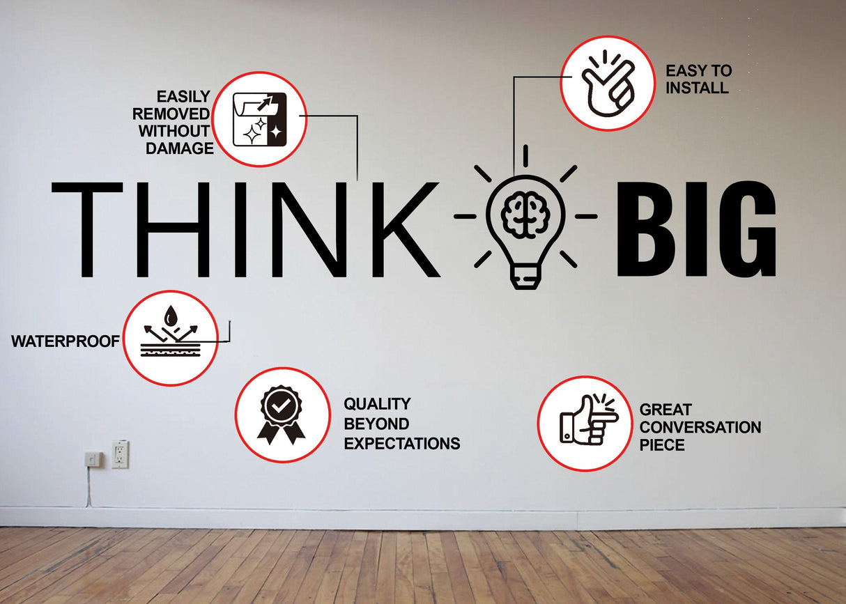 Think Big wall art sticker features benefits like waterproof, easy to install, and removable without damage.