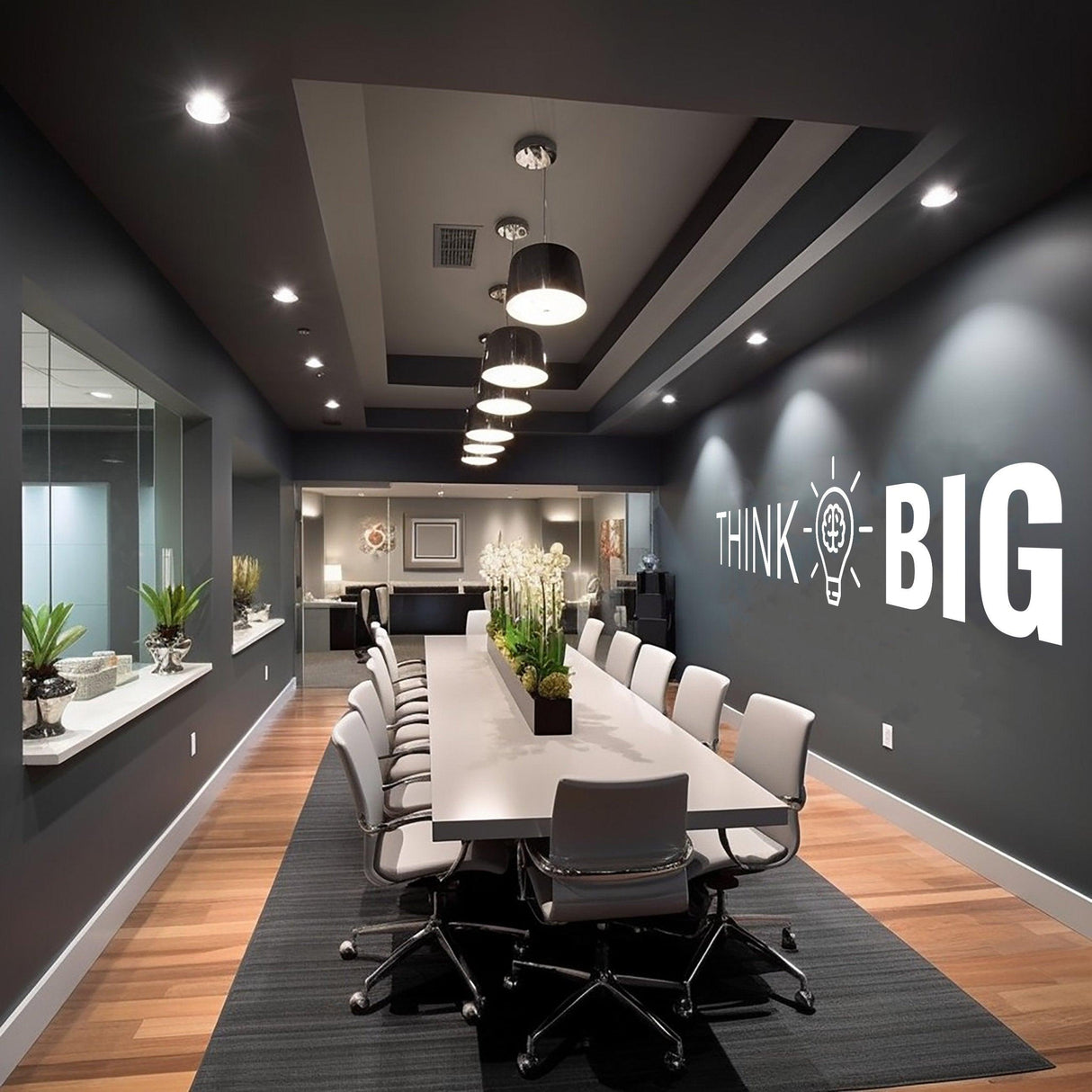 Modern conference room with 'THINK BIG' wall decal, designed for motivational office decor.