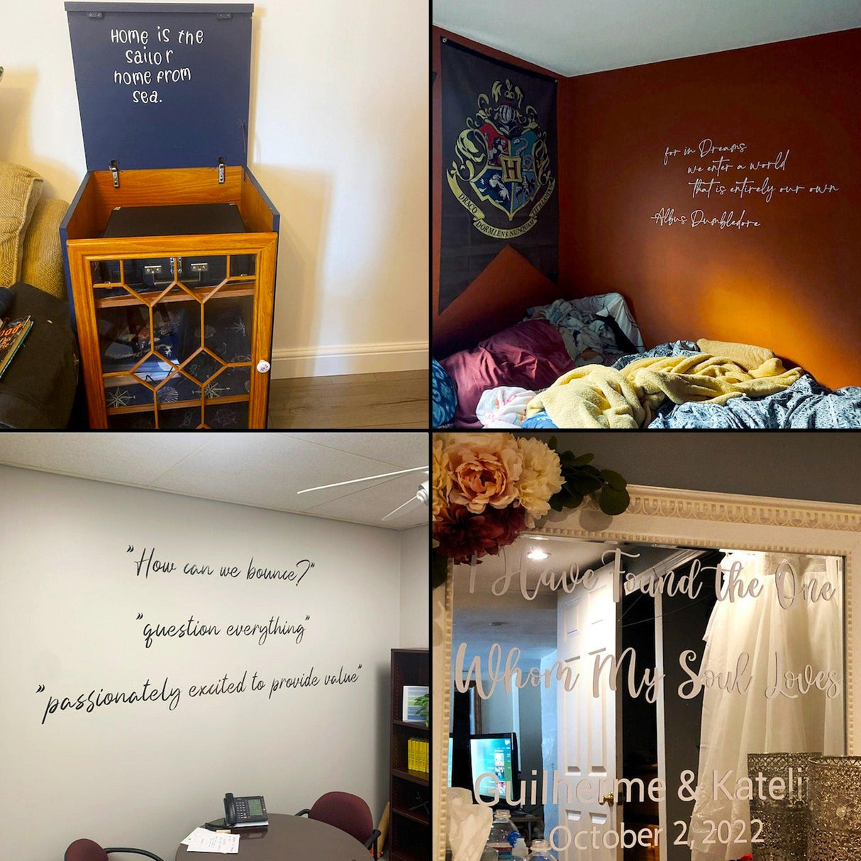 Collage of custom scripture wall stickers showcasing inspiring quotes in various home settings.