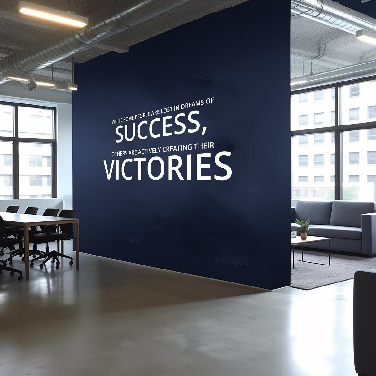 Inspirational wall art decal in home office featuring motivational quote about success and victories.