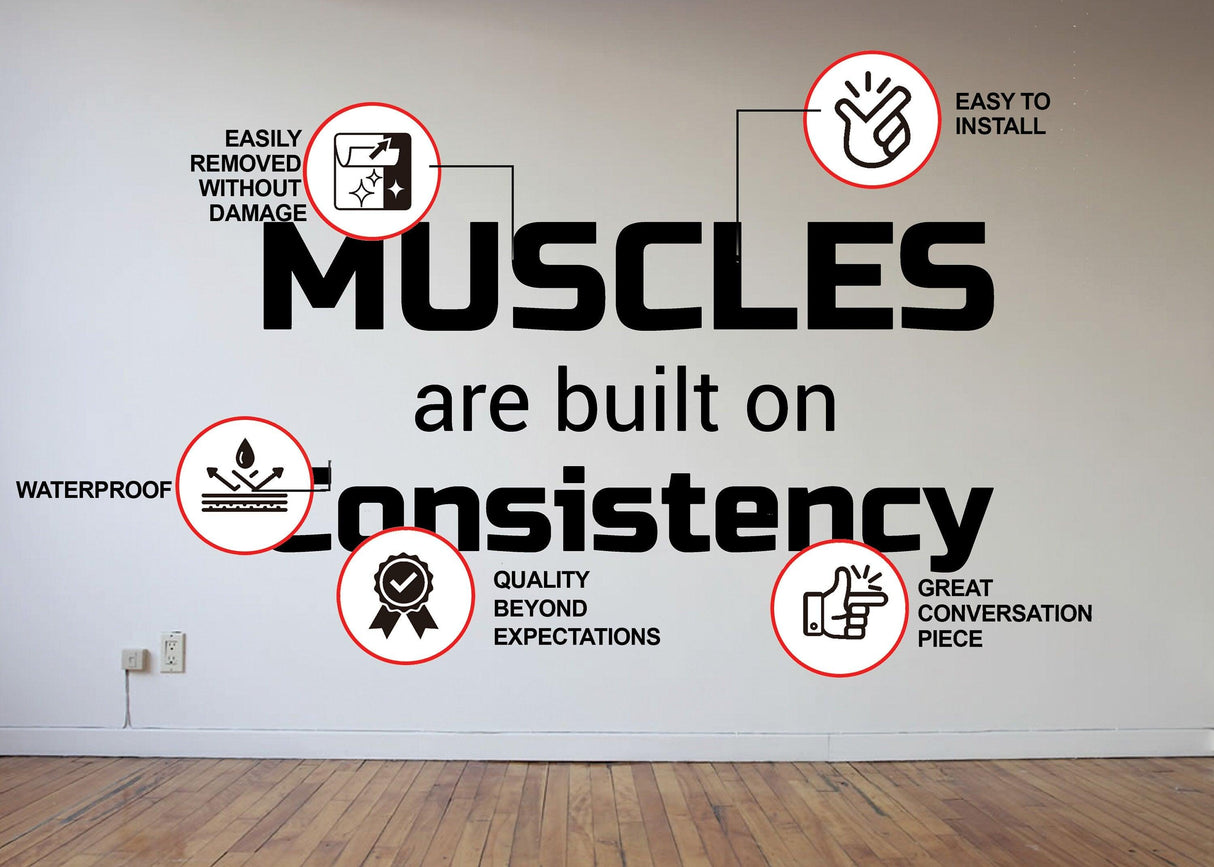 Fitness inspiration wall sticker showcasing motivational quote about consistency in workouts, highlighting key features.