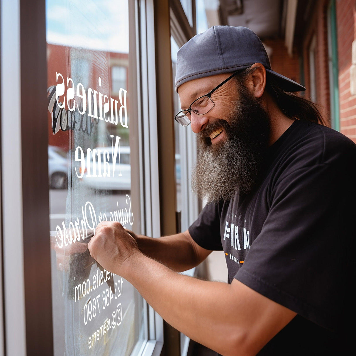 Man applying a custom window decal to a storefront, showcasing personalized business branding.