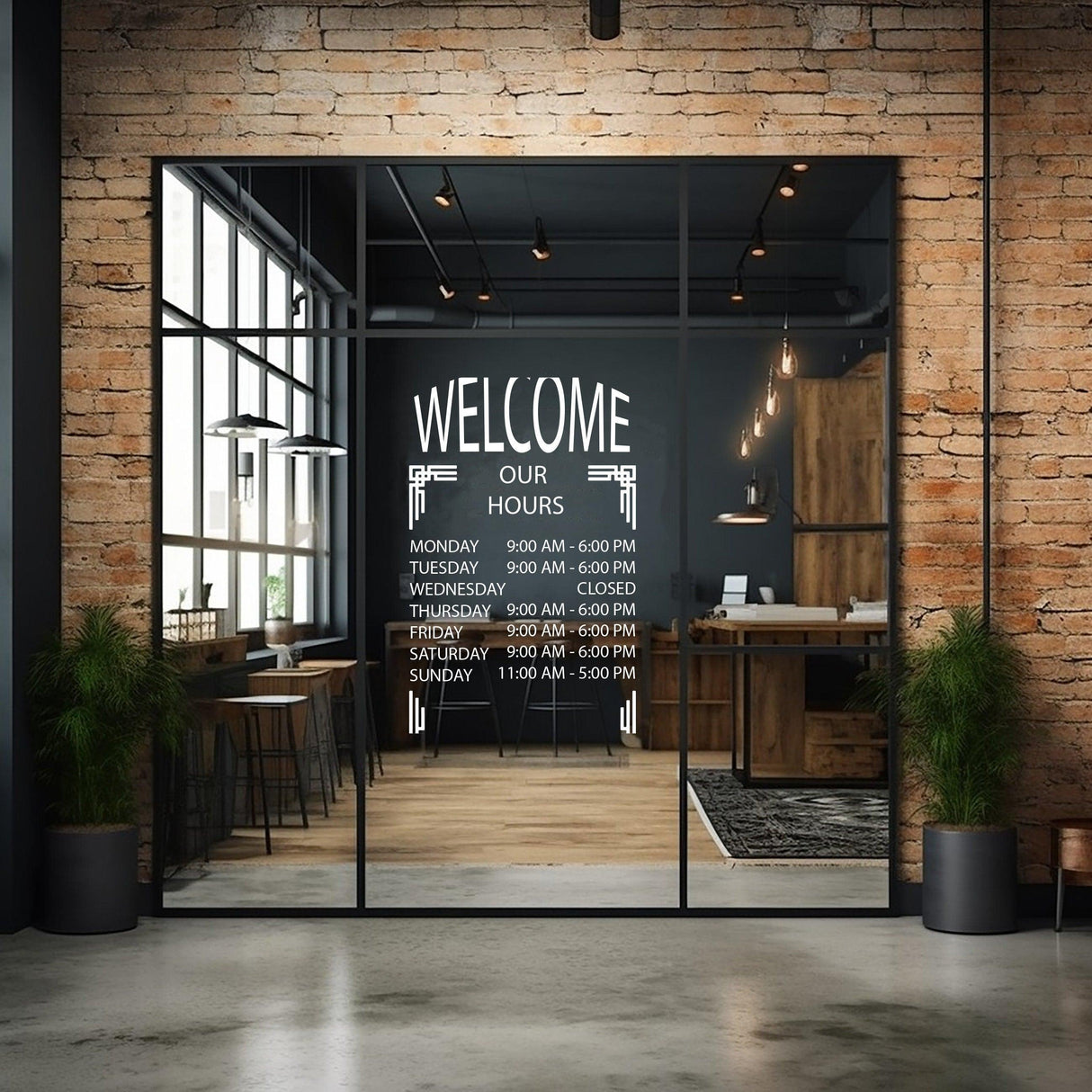 Custom window decal displaying business hours in a modern café storefront.