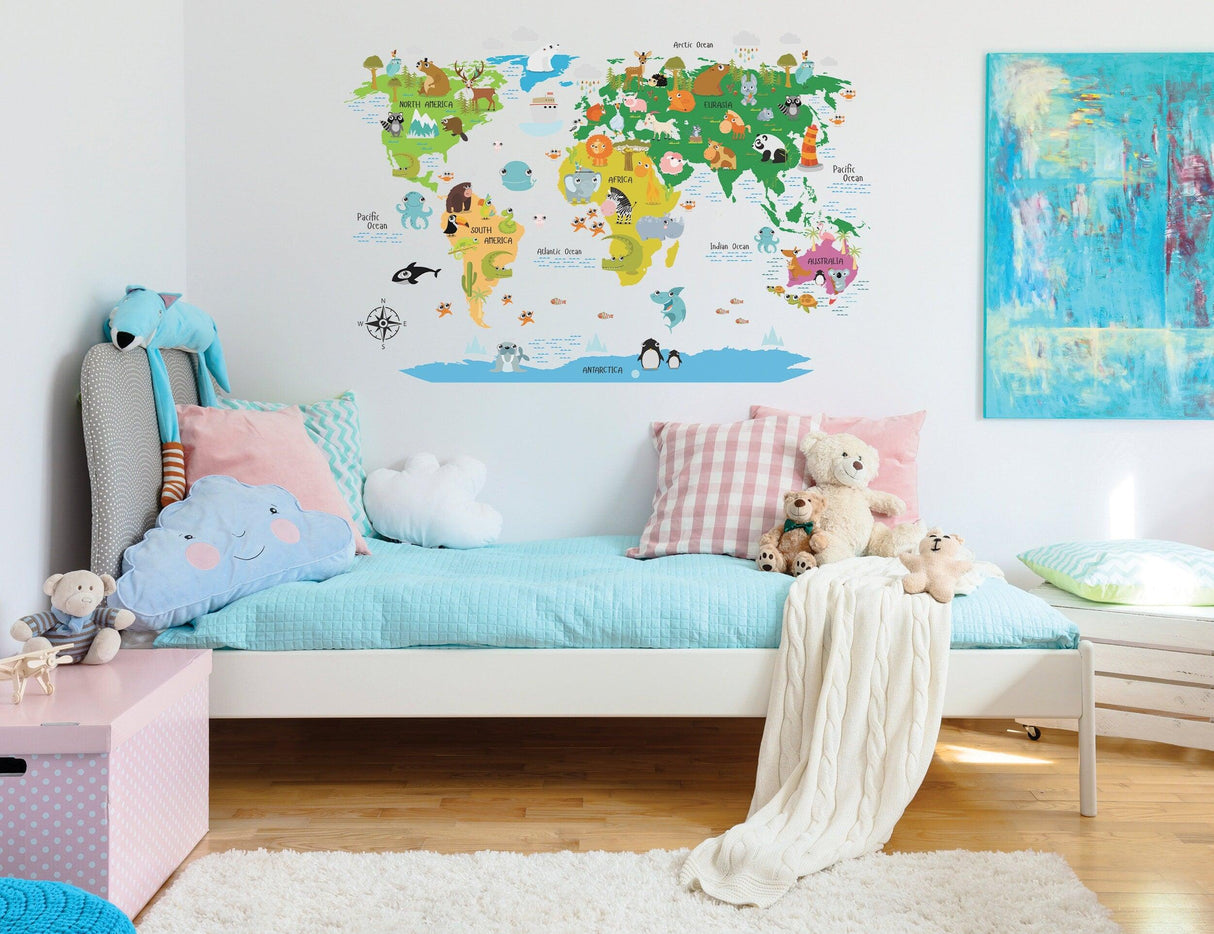 Colorful world map nursery wall sticker with animals, perfect for children's room decor.