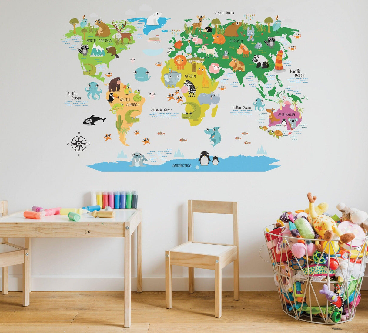 Colorful world map decal for nursery featuring animals and countries, perfect for adding adventure to children's rooms.