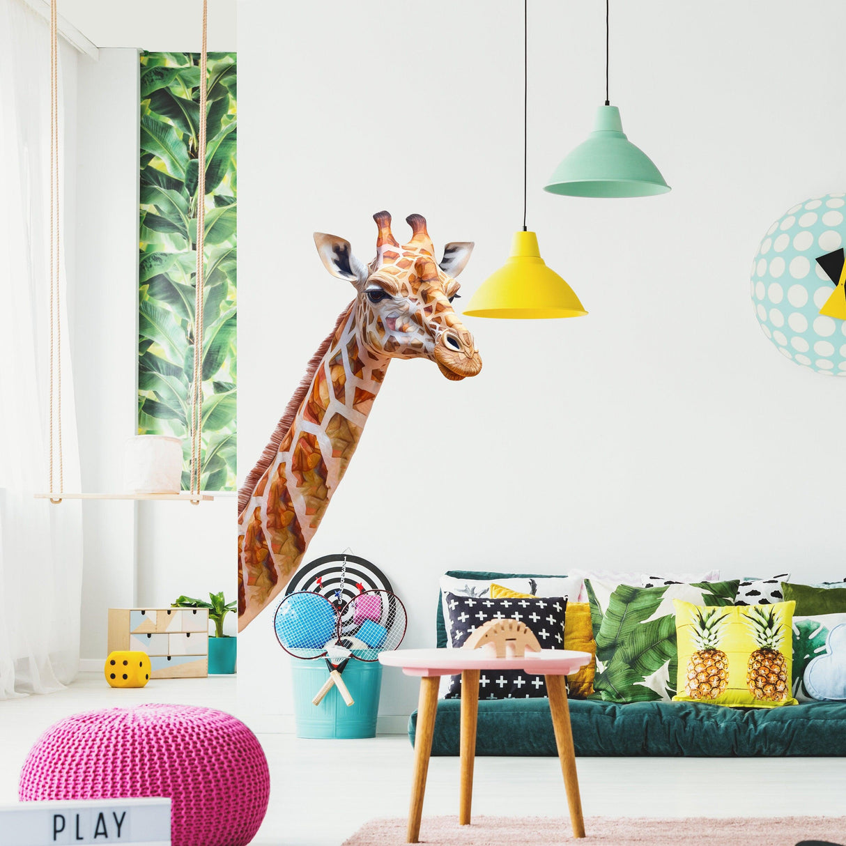 Giraffe wall decal adds a playful safari touch to a vibrant nursery or playroom decor.