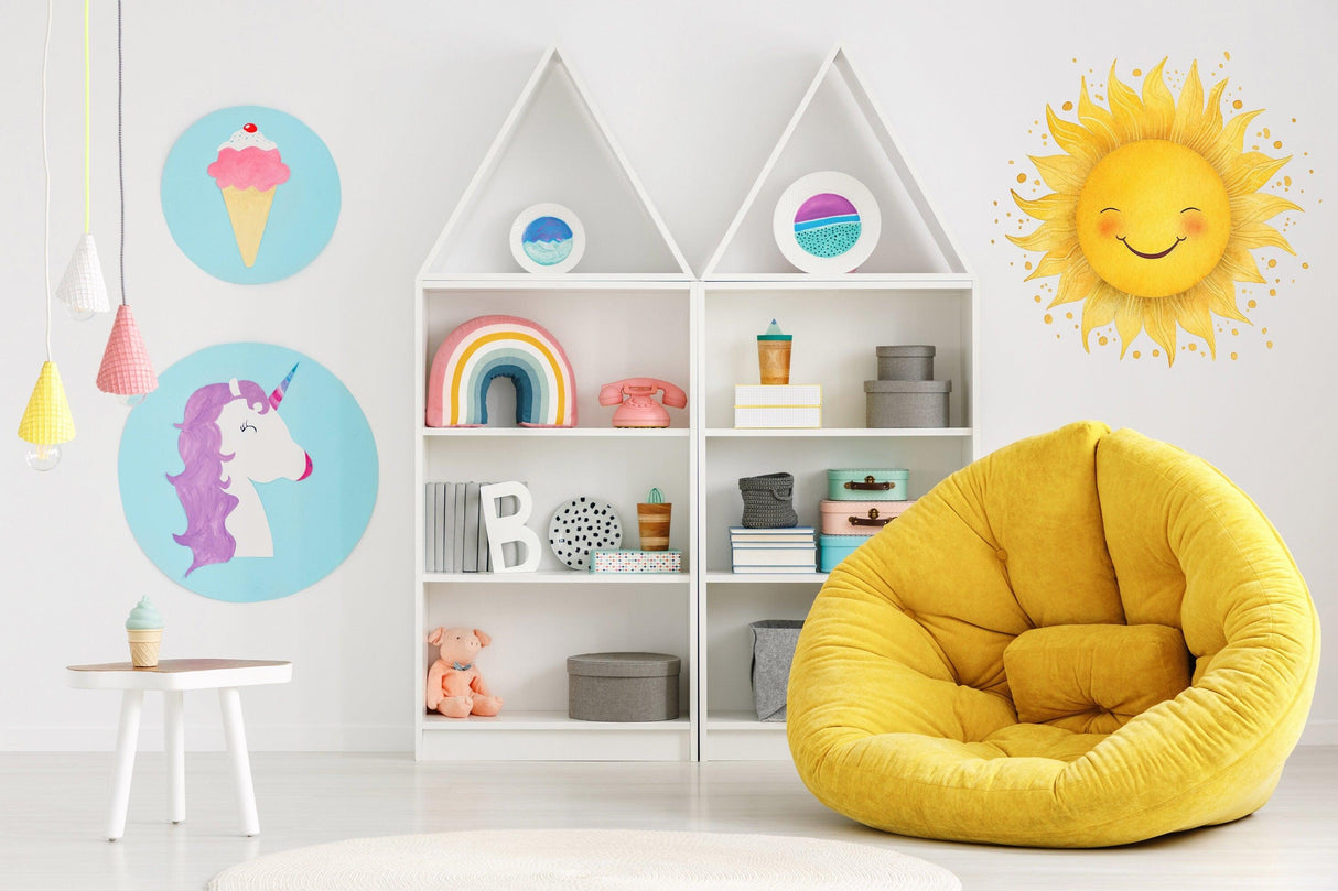 Colorful nursery decor featuring a Watercolor Happy Sun Wall Sticker and cheerful wall art designed for children's rooms.