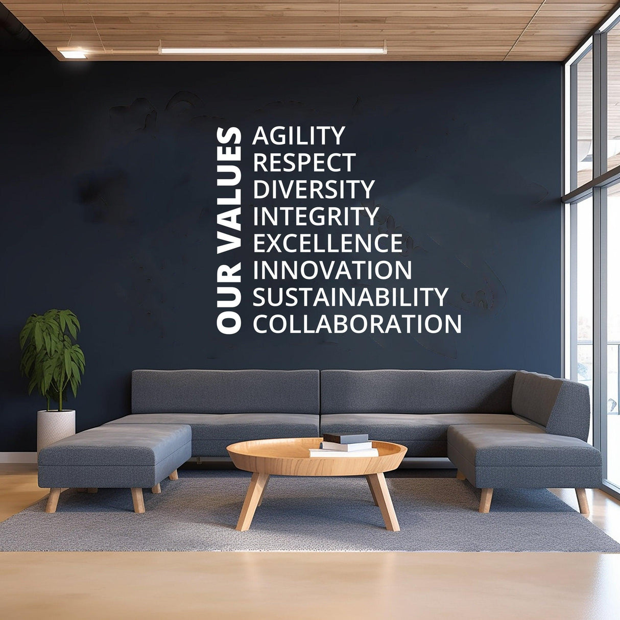 Inspirational office wall decal showcasing values like Agility, Respect, and Innovation in a modern conference room.