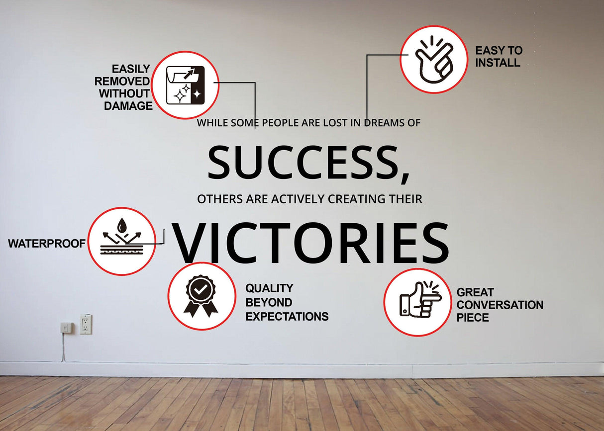 Wall art decal with motivational phrases about success and victories, emphasizing easy installation and quality.