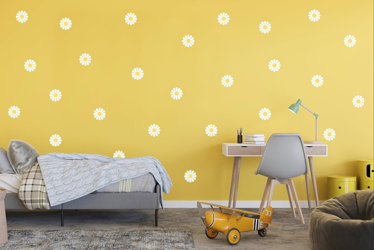 Yellow kids room featuring Premium Daisy Flower Wall Decals creating a playful and whimsical atmosphere.
