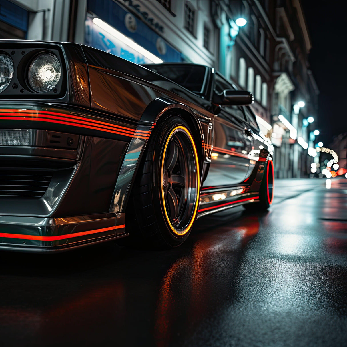 Sleek car with geometric vinyl thin line stickers, showcasing modern design on a wet street at night.