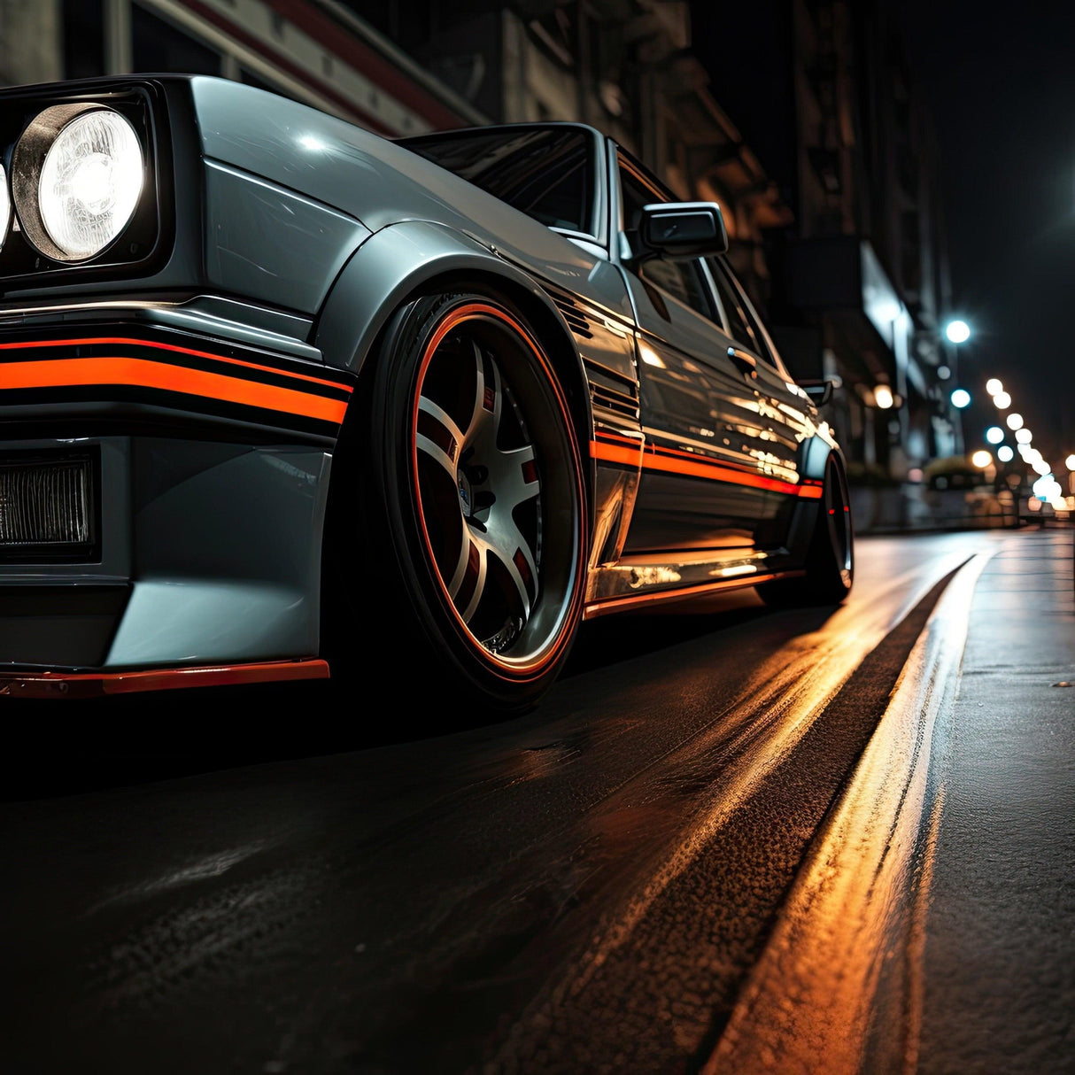 Stylish modified car at night showcasing bold vinyl thin line decals on body and gleaming wheels.